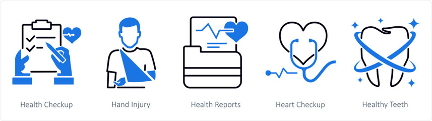 A set of 5 mix icons as health checkup, hand injury, health reports