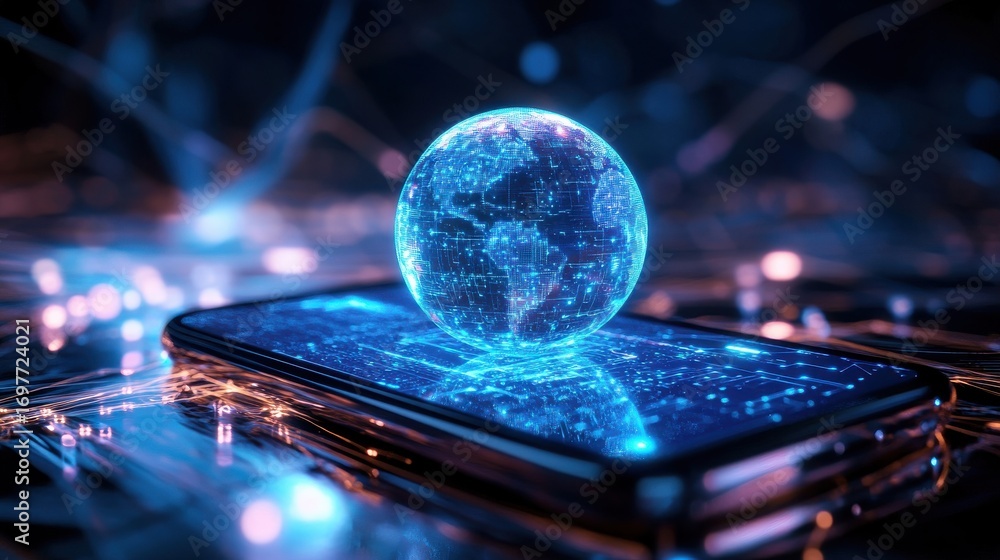 Poster digital globe displayed on modern smartphone in futuristic setting