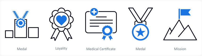 A set of 5 mix icons as medal, loyality, medical certificate