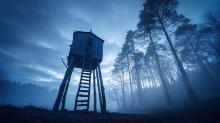 Moody night scene of a wooden structure with ladder in a misty forest under a cloudy sky, evoking a sense of mystery and solitude