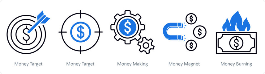 A set of 5 mix icons as money target, money making, money magnet