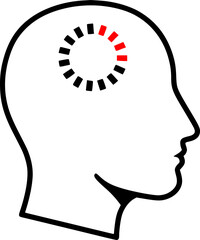A human head with a loading icon instead of thoughts. A metaphor for slow thinking, digital overload, and the replacement of the human mind with code. The brain processes information like a computer.
