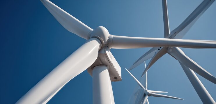 A low-angle view of wind turbines against a vivid blue sky, featuring clean lines and a focus on renewable energy