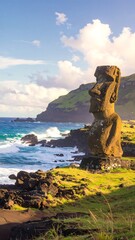 Moai statue on a volcanic island