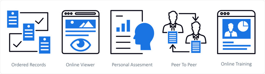 Fototapeta premium A set of 5 mix icons as ordered record, online viewer, personal assessment