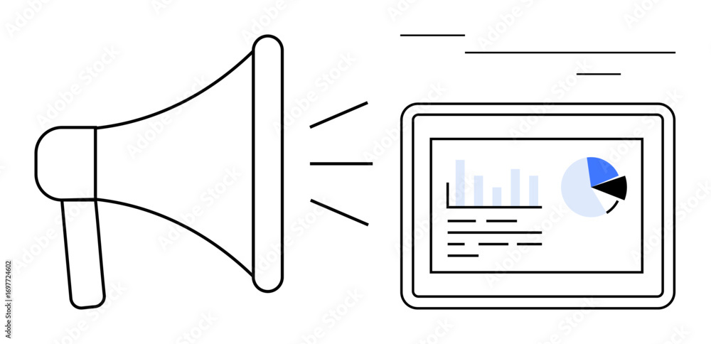 Aufkleber megaphone amplifies message next to tablet showing analytics with bar and pie charts. ideal for mark