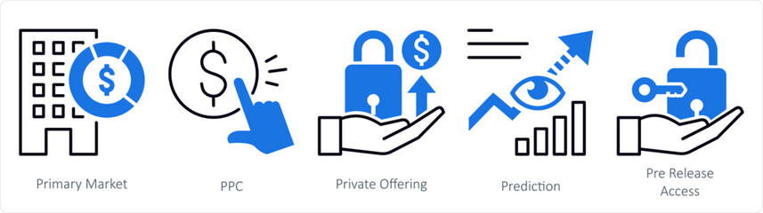 A set of 5 mix icons as primary market, ppc, private offering