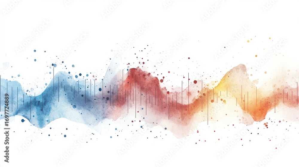 Poster abstract watercolor painting with wave-like forms and color splatter