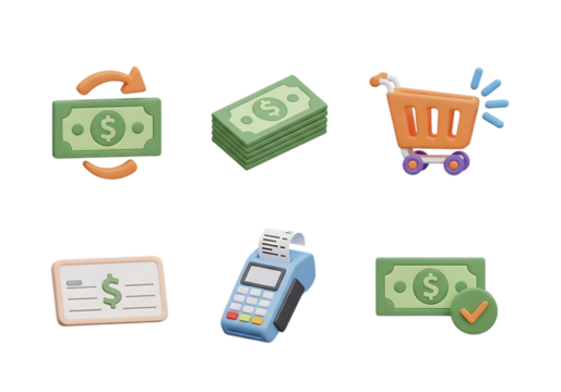 3d icon of collection of 3d icons related to finance, shopping, and payment, isolated on transparent background