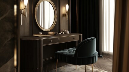 Luxurious dressing table with an ornate mirror gold framed accents and plush velvet seating featuring an elegant and sophisticated design with a mix of rich textures and lighting