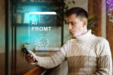 Man engaged with smartphone while exploring AI technology in modern cafe setting during afternoon hours