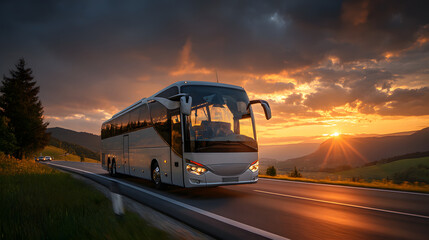 A passenger bus travels along a scenic mountain road during a beautiful sunset