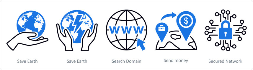A set of 5 mix icons as save earth, search domain, send money