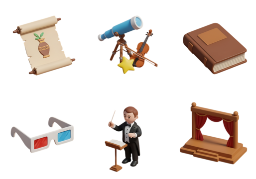 3d icon of set of 3d icons for education, entertainment, and performance, isolated on transparent background