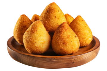 Crispy Brazil coxinha snack filled with shredded chicken croquettes and creamy cheese on wooden plate, isolated on white transparent background, concept of South American Cuisine