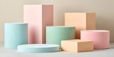Abstract pastel geometric shapes with soft shadows creating minimal modern clean design composition
