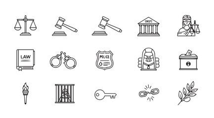 Collection of justice and law icons in a distinctive silhouette style