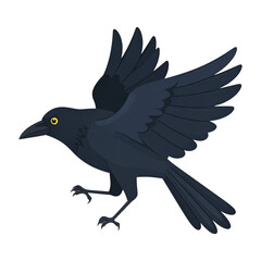 Obraz premium Vector illustration of a black crow with spread wings flying on a white background