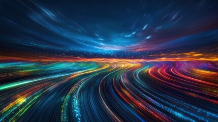 Abstract light trails in a vibrant fantasy landscape at night