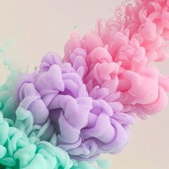 Obraz premium Dynamic plumes of colorful ink blend and expand in liquid, forming an ethereal and captivating abstract backdrop of soft pink, lavender, and mint green