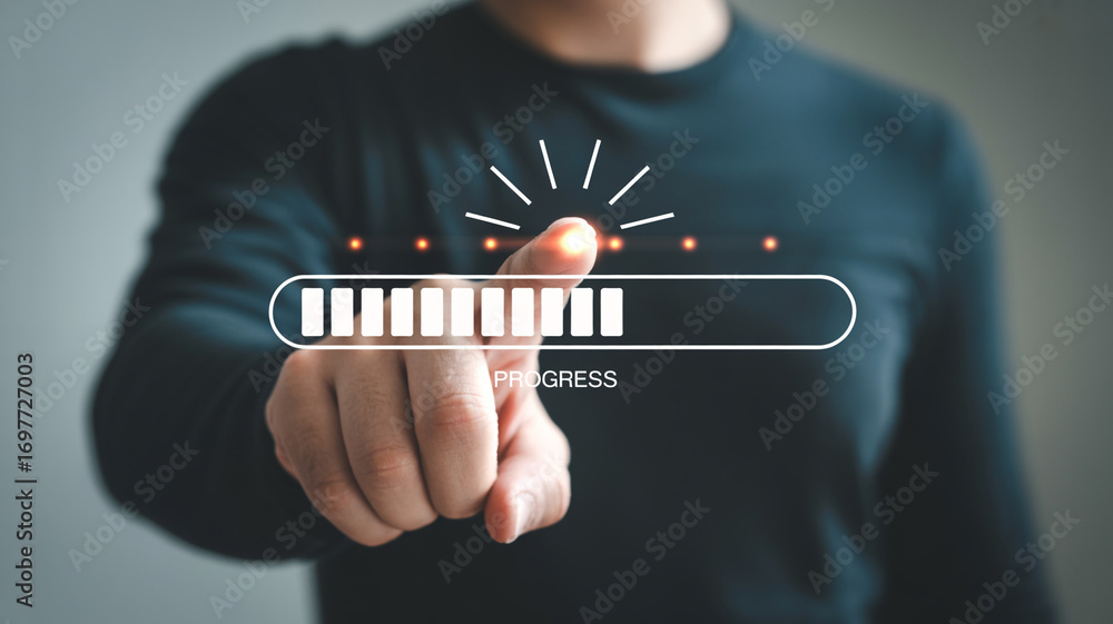 Poster progress bar loading concept with finger touching screen for business and technology concept use