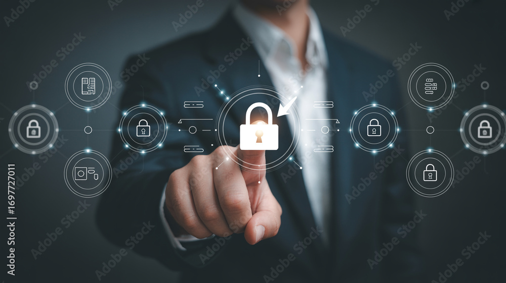 Poster cyber security data protection and privacy concept with man touching padlock on virtual screen