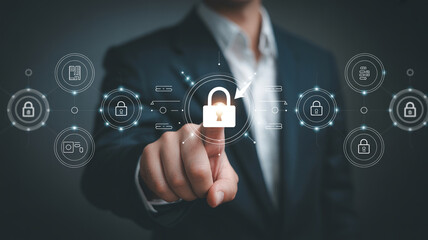 Cyber security data protection and privacy concept with man touching padlock on virtual screen