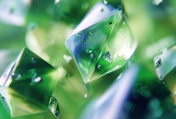 A macro shot of iridescent crystal formations against a soft green and blue backdrop, with small particles scattered around, creating a shimmering effect