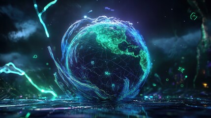 Glowing globe with digital network connections in futuristic night