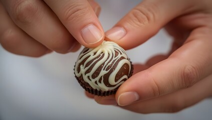 Artisan chocolate maker decorating a swirled chocolate truffle