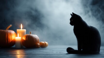 A black cat sits beside glowing candles and pumpkins in a misty atmosphere. The scene evokes a Halloween theme with a spooky ambiance.