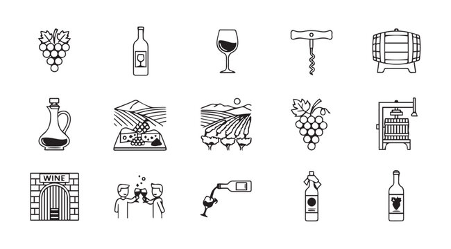 Collection of hand drawn wine related icons in a simple silhouette style