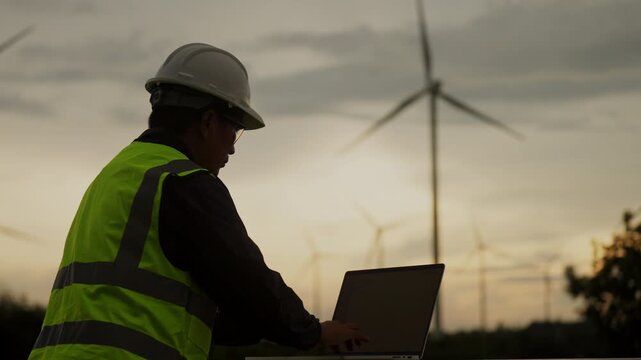 Engineer analyzing wind power performance on laptop in renewable energy field. Concept of smart data use, sustainable infrastructure, and future energy systems. - Powered by Adobe