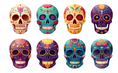 Dia de los muertos skulls. Day of the dead festival kulls, floral sugar human ead bones vector symbols st. Mexican death holiday dcoration