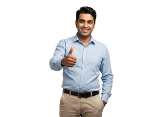 Fototapeta premium Man in blue shirt and khaki pants gives thumbs up gesture confidently transparent background