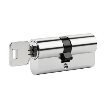 Close up shot of a shiny silver lock cylinder with key inserted against transparent