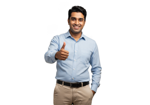 Man in blue shirt and khaki pants gives thumbs up gesture confidently transparent background