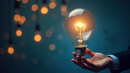 A glowing light bulb held in a hand, showcasing an idea or solution against a backdrop of softly lit warm-toned bulbs, sets a thoughtful and inspirational mood.