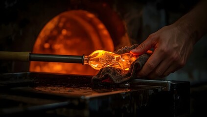 Glassblower shaping molten glass with intense heat and skill