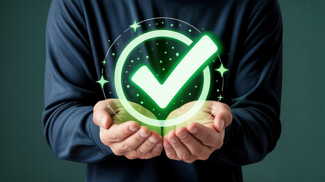 Green check mark icon in hands concept of approval success and validation with glowing effect graphic art