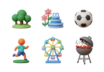3d icon of collection of six 3d cartoon icons representing outdoor activities, entertainment, and sports, isolated on transparent background