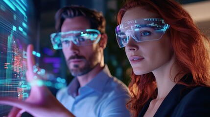 Serious young woman and man interacting with holographic display in office