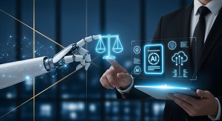 Businessman and a robot hand interacting with a futuristic digital interface showing symbols for AI, legal technology, and justice, representing the future of law and automation.