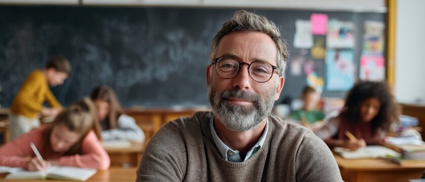 The teacher in a bright classroom with smiling attentive elementary students