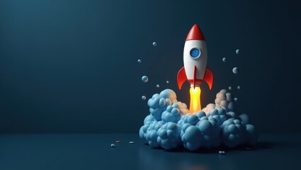 A stylized rocket blasts off amidst a cloud of light blue, bubbly smoke in a dark, modern setting, showcasing a dynamic and innovative concept.