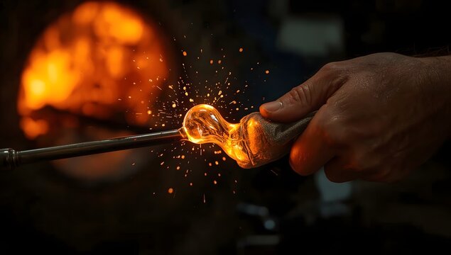 Glassblower shaping molten glass with sparks flying