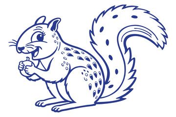 Blue Line Art Style Squirrel Holding Acorn with Smiling Face on White Background