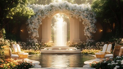 Fototapeta premium Luxurious garden decor invitation featuring white floral arches golden chairs and a central fountain surrounded by blooming flower beds The theme reflects elegance and natural beauty