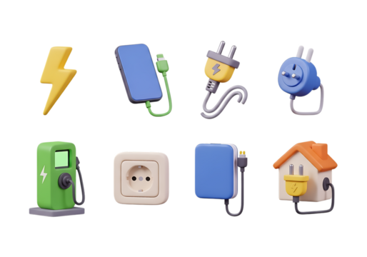 3d icon of electricity and energy icons including lightning bolt, phone charger, plugs, socket, and house isolated on transparent background