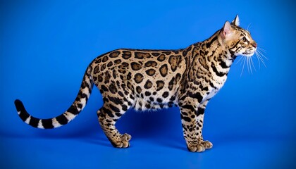 Obraz premium Side profile of a spotted cat against a vibrant blue background